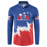Blue button henley sweatshirt with USA stars-and-stripes chest graphic and flag sleeve patch