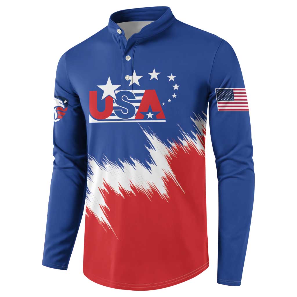 Blue button henley with USA chest graphic, USA flag sleeve patch, and red-white brush stripe hem