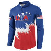 Blue button henley with USA chest graphic, USA flag sleeve patch, and red-white brush stripe hem