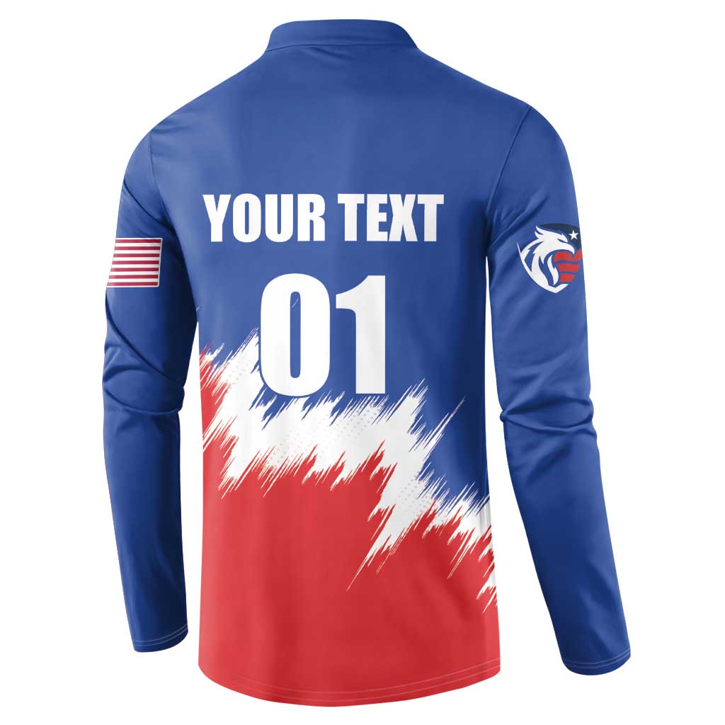 Blue button henley sweatshirt with back print 'YOUR TEXT 01' and USA flag sleeve patches