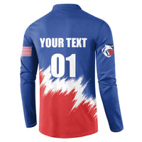 Blue button henley sweatshirt with back print 'YOUR TEXT 01' and USA flag sleeve patches