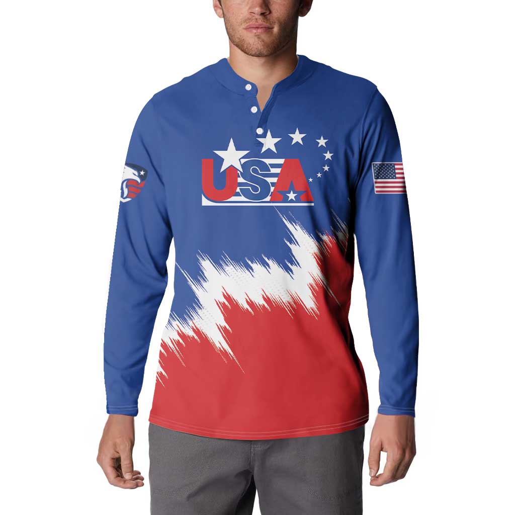 Blue button henley sweatshirt with USA graphic on chest and USA flag sleeve patches