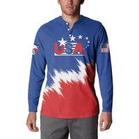 Blue button henley sweatshirt with USA graphic on chest and USA flag sleeve patches