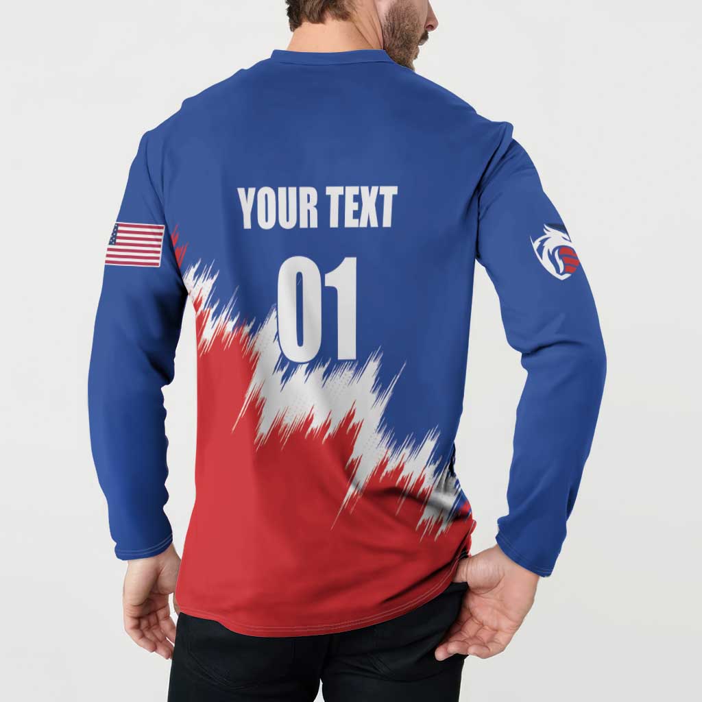 Blue button henley sweatshirt on model, back print 'YOUR TEXT 01' and USA flag sleeve patch