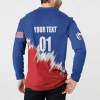 Blue button henley sweatshirt on model, back print 'YOUR TEXT 01' and USA flag sleeve patch