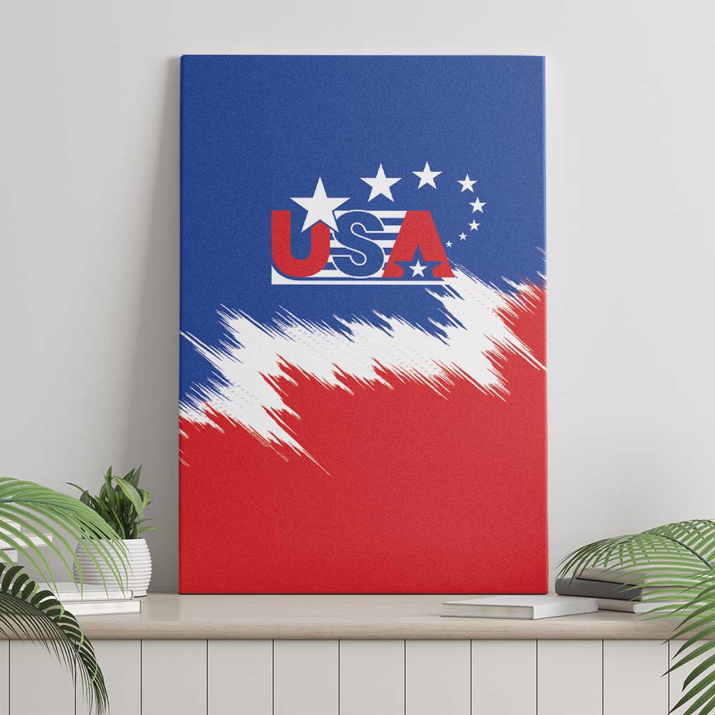 USA soccer canvas wall art featuring blue, white starburst stripes, and red bottom with USA