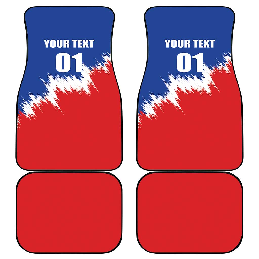 Set of 4 car floor mats, blue-red panels with "YOUR TEXT 01" text.