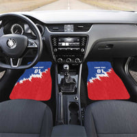 Car floor mats with blue-red design, "YOUR TEXT 01" on each mat.