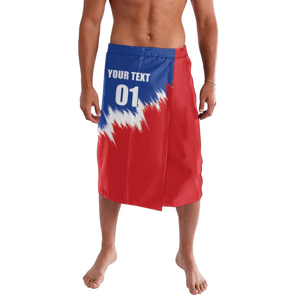 Red and blue printed soccer shorts with elastic waistband and front graphic, number 01