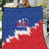 Blue, red and white quilt with USA flag graphic and diamond-stitch pattern