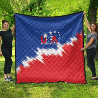 Large quilt with blue, red and white USA flag graphic and diamond quilting
