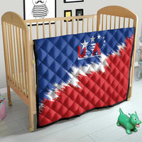 USA flag quilt on a wooden baby crib with blue, red and white diamond stitching