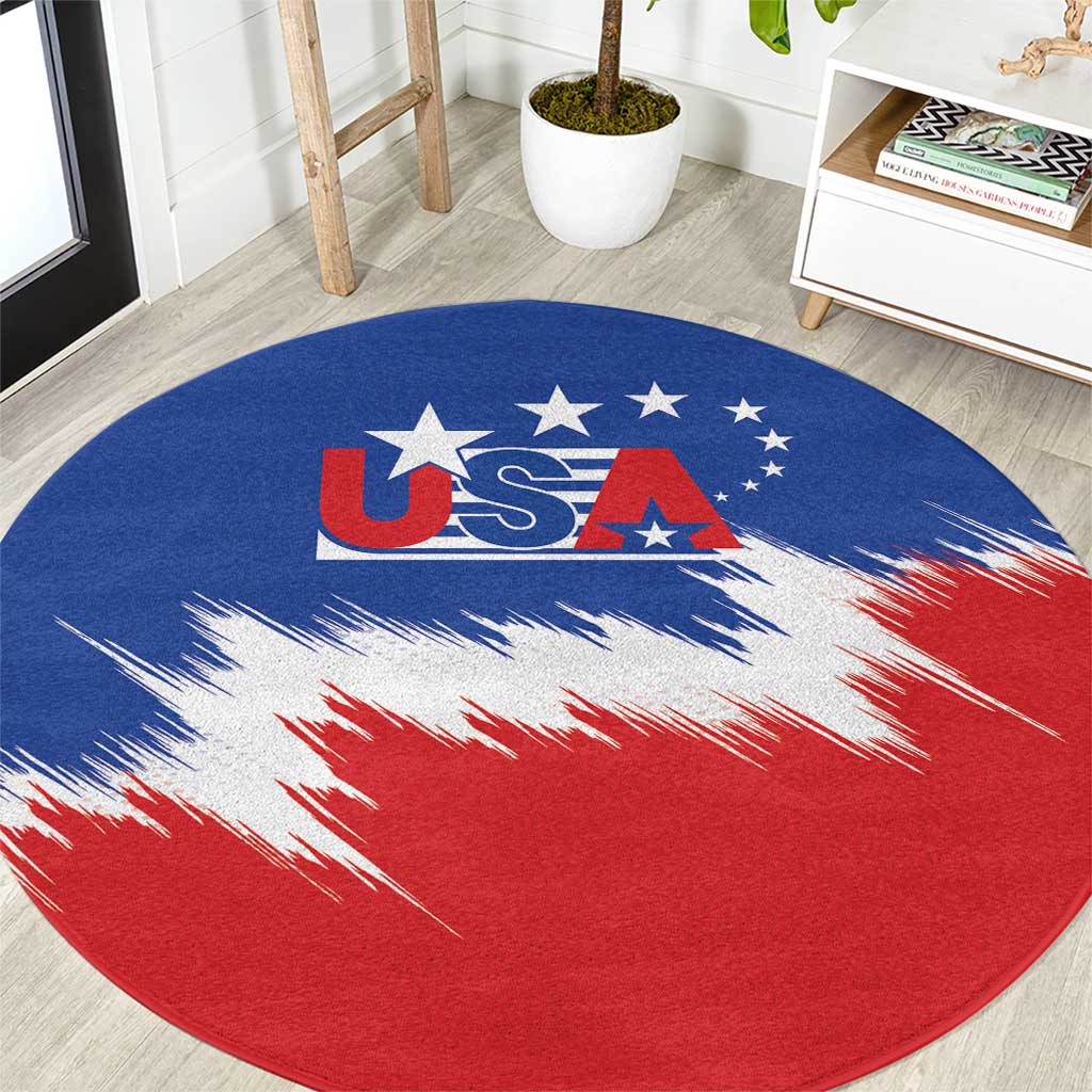 Round USA soccer rug with blue, red, and white star graphic in circular design