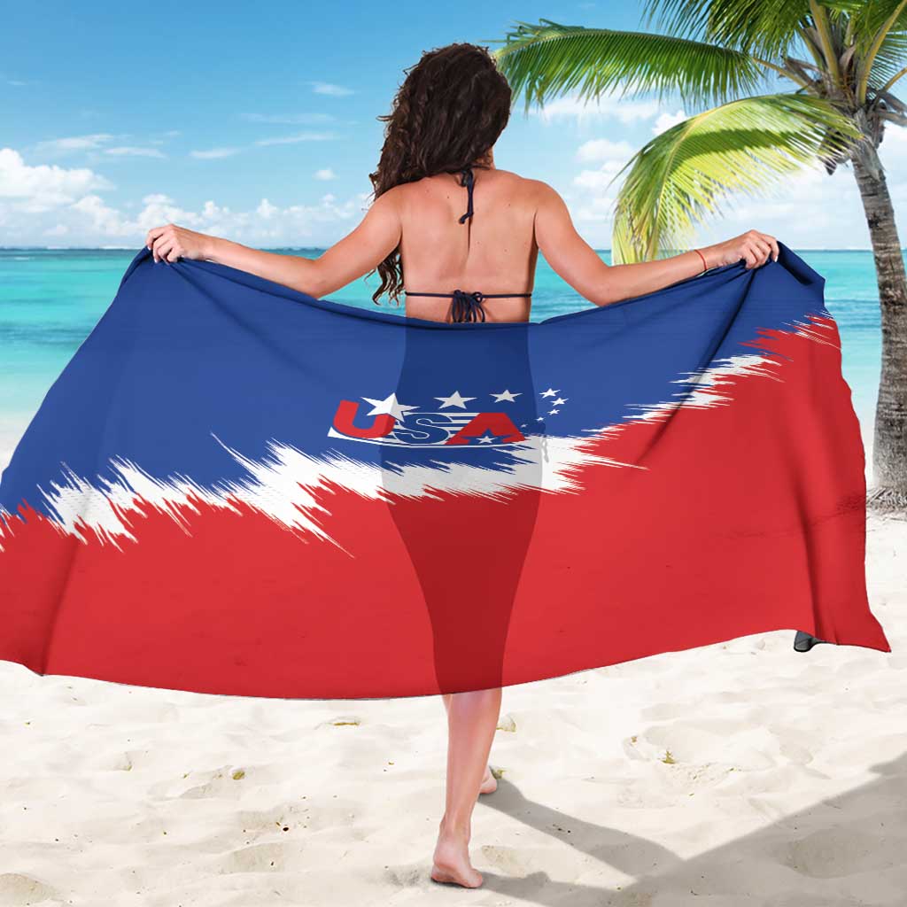 USA soccer sarong shown from back, blue and red USA flag graphic