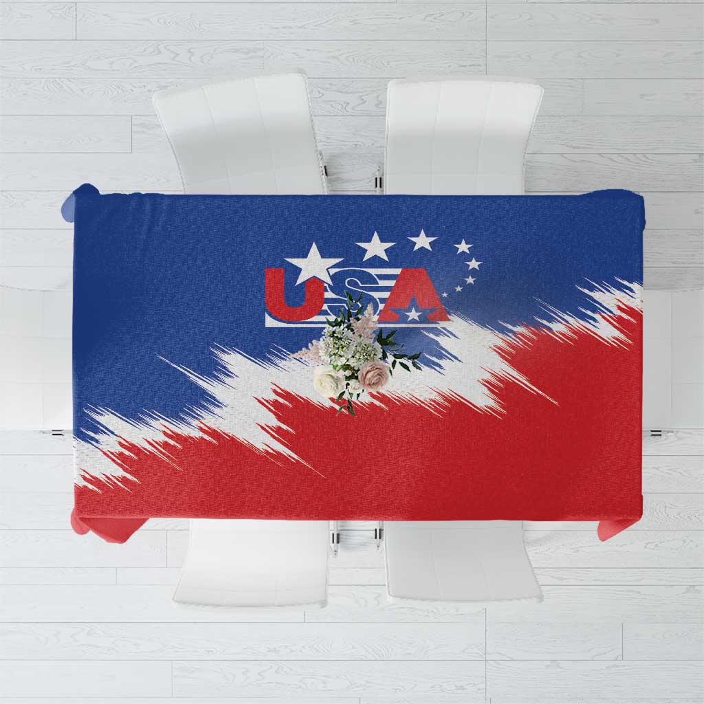USA graphic tablecloth in red, white, and blue, with star and stripe design.