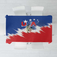 USA graphic tablecloth in red, white, and blue, with star and stripe design.