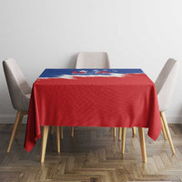 Square tablecloth with red base and blue band featuring USA logo and stars.