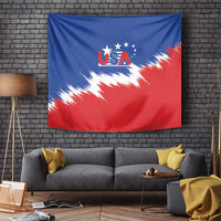 USA soccer tapestry with USA graphic, stars, and bold red-white lightning streaks