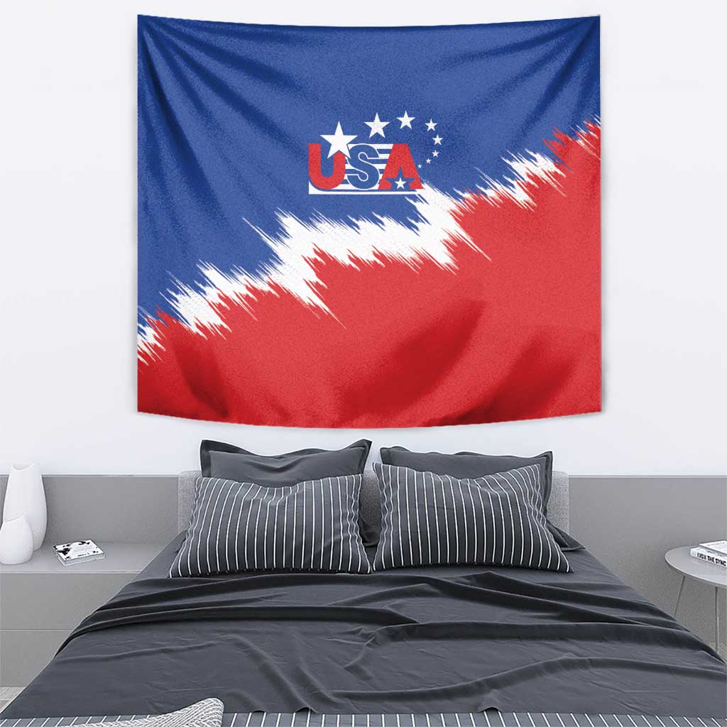 USA soccer tapestry with USA logo and blue-red lightning diagonal pattern, wall hanging