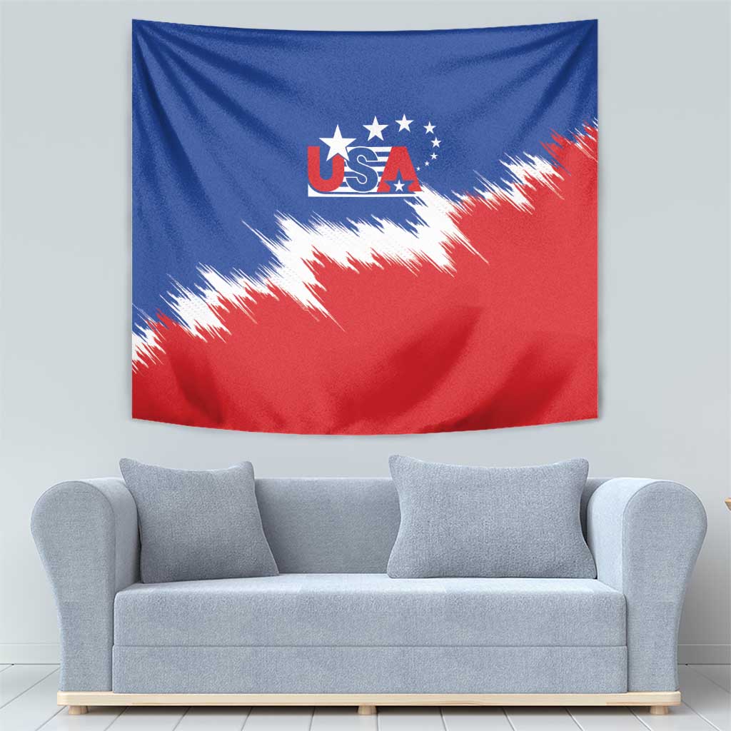 USA soccer tapestry featuring USA text logo, stars, and red-white lightning diagonal