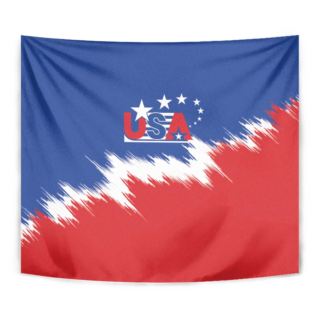 Rectangular USA soccer tapestry with USA logo, stars, and red-blue lightning streaks