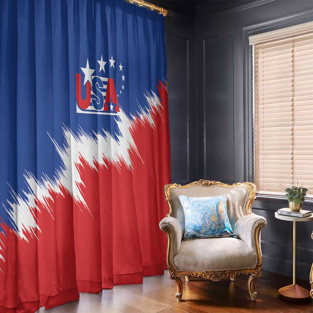 USA soccer window curtain in blue, red, and white with stars and bold diagonal streak print