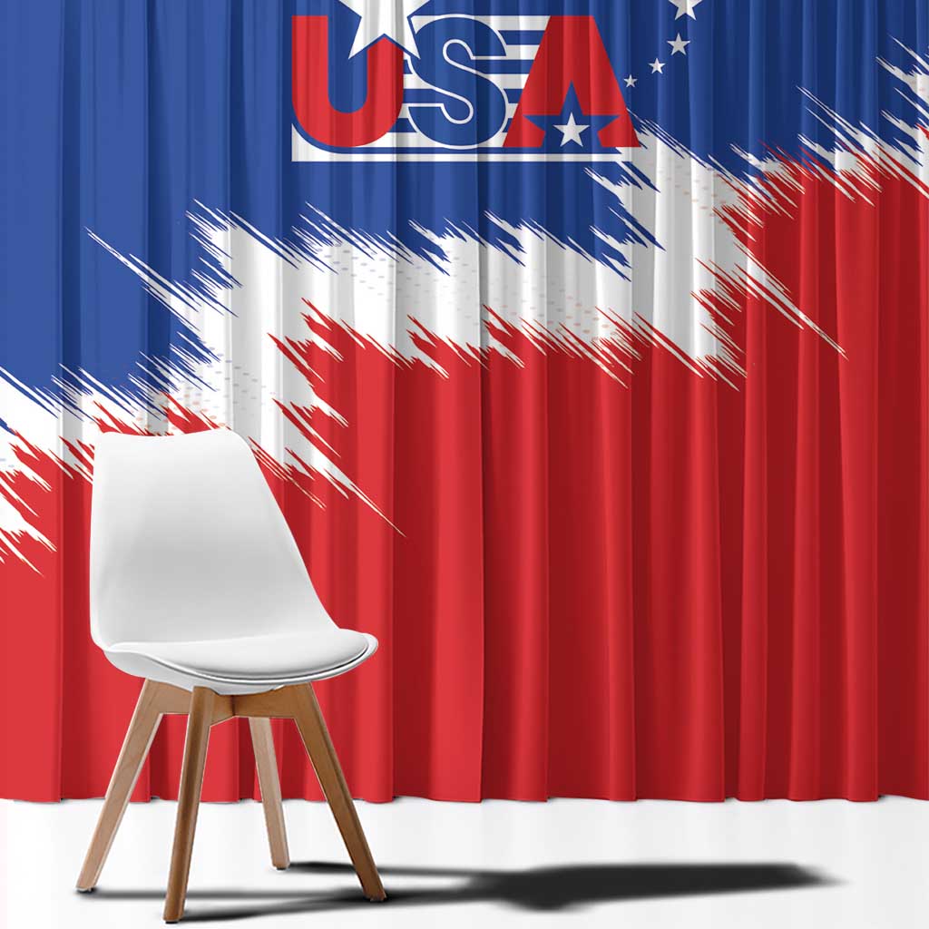 Close view of USA soccer window curtain showing blue field, red stripes, stars, and streaks