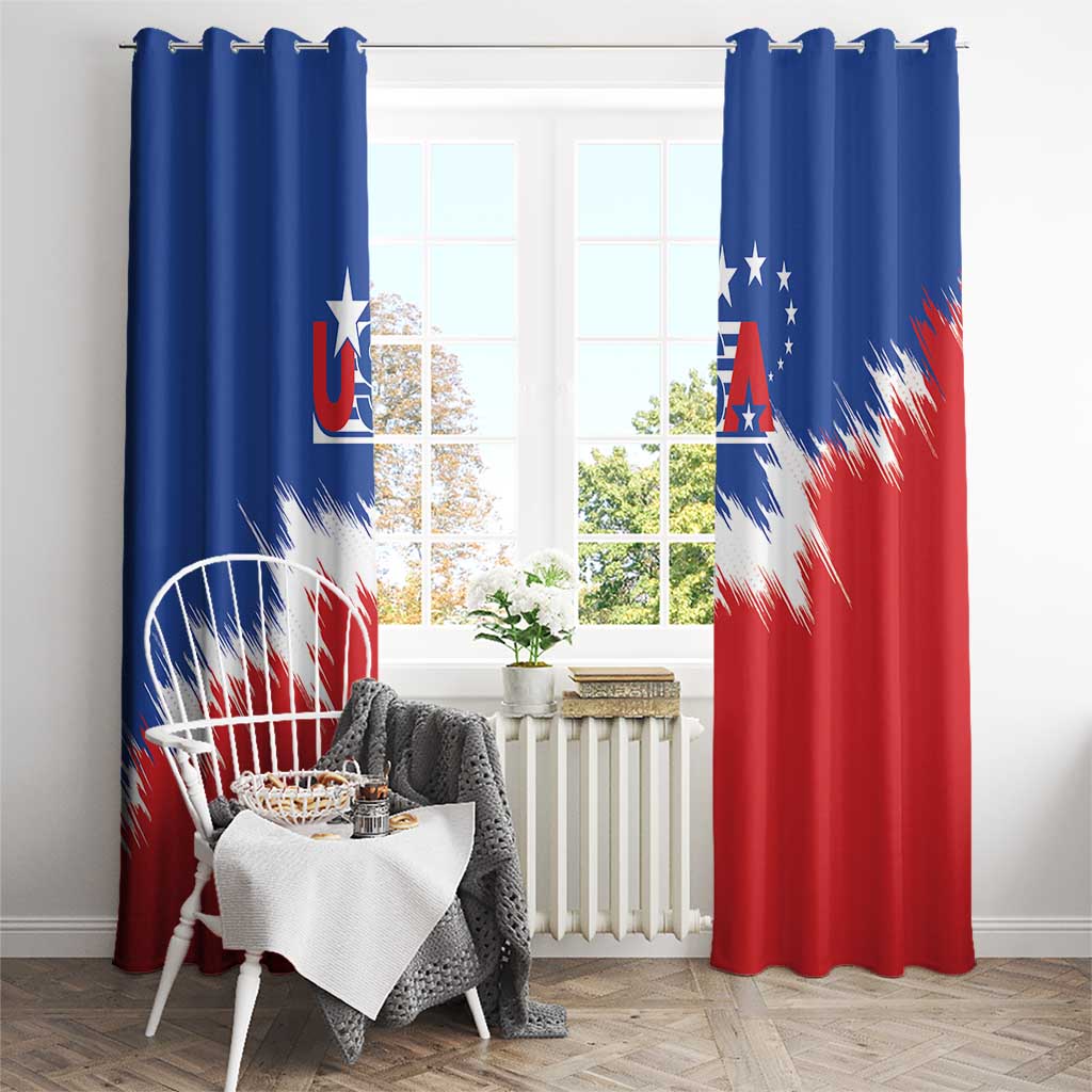 Blue and red USA soccer window curtain with stars, shield logo, and streak graphic panels