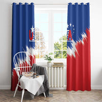 Blue and red USA soccer window curtain with stars, shield logo, and streak graphic panels