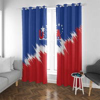 USA soccer window curtain with blue top header, red lower section, stars, and streak pattern
