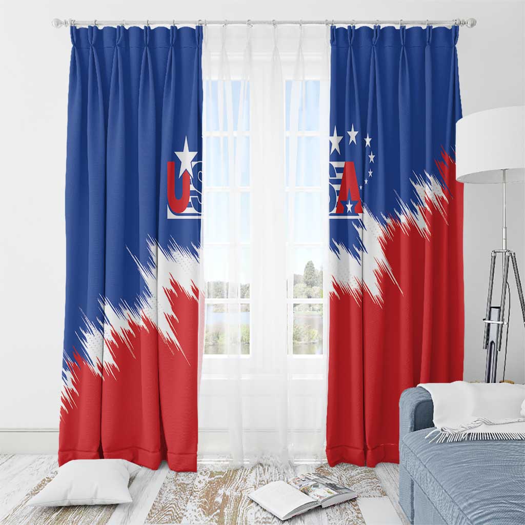 USA soccer window curtain set with hanging tabs and blue-red stars shield and diagonal streaks
