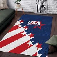 Blue USA flag area rug with large stars and stripes and 'USA Play to Win' emblem