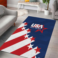 Blue USA flag area rug with red and white stripes, star accents, and 'Play to Win' logo
