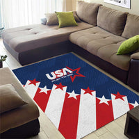 Blue USA flag area rug with red and white stars, stripes, and 'Play to Win' USA logo