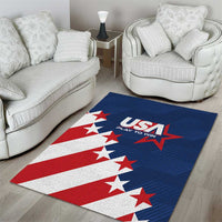 Blue USA flag area rug with 'USA' banner and star-striped design