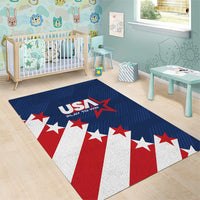 Blue USA flag area rug with red, white, and blue star and stripe 'Play to Win' graphics
