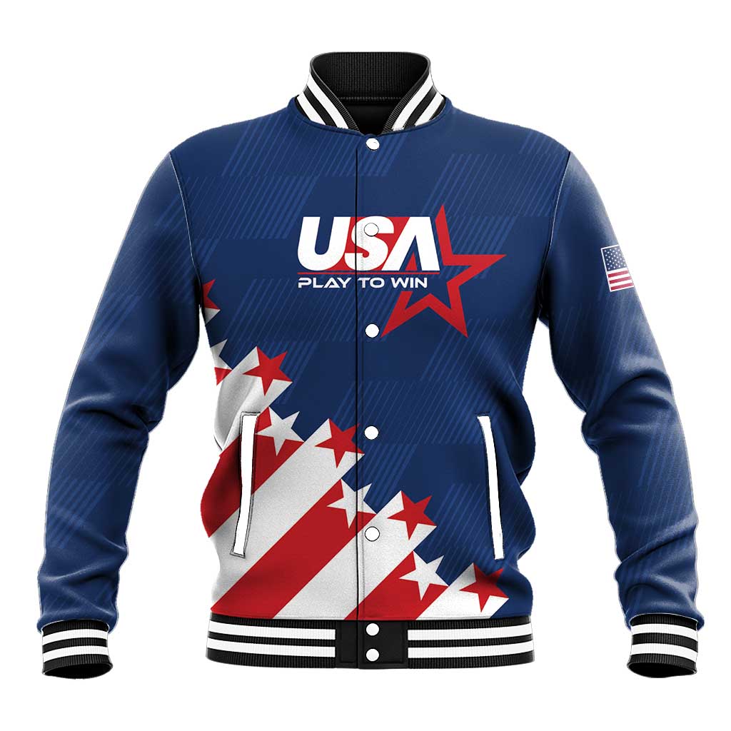 Men's blue USA graphic varsity baseball jacket with ribbed cuffs, snap buttons, striped hem