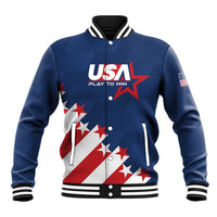 Men's blue USA graphic varsity baseball jacket with ribbed cuffs, snap buttons, striped hem