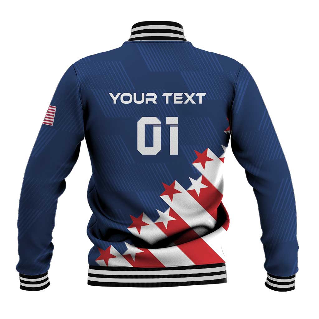 Blue baseball jacket back with YOUR TEXT 01 and flag graphic, ribbed collar and cuffs