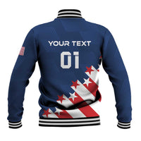 Blue baseball jacket back with YOUR TEXT 01 and flag graphic, ribbed collar and cuffs