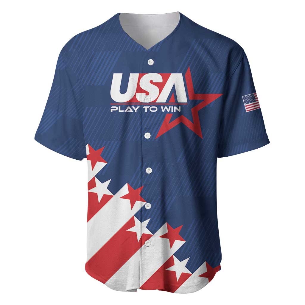 Blue baseball jersey with USA logo, Play to Win text, and red-white star graphics