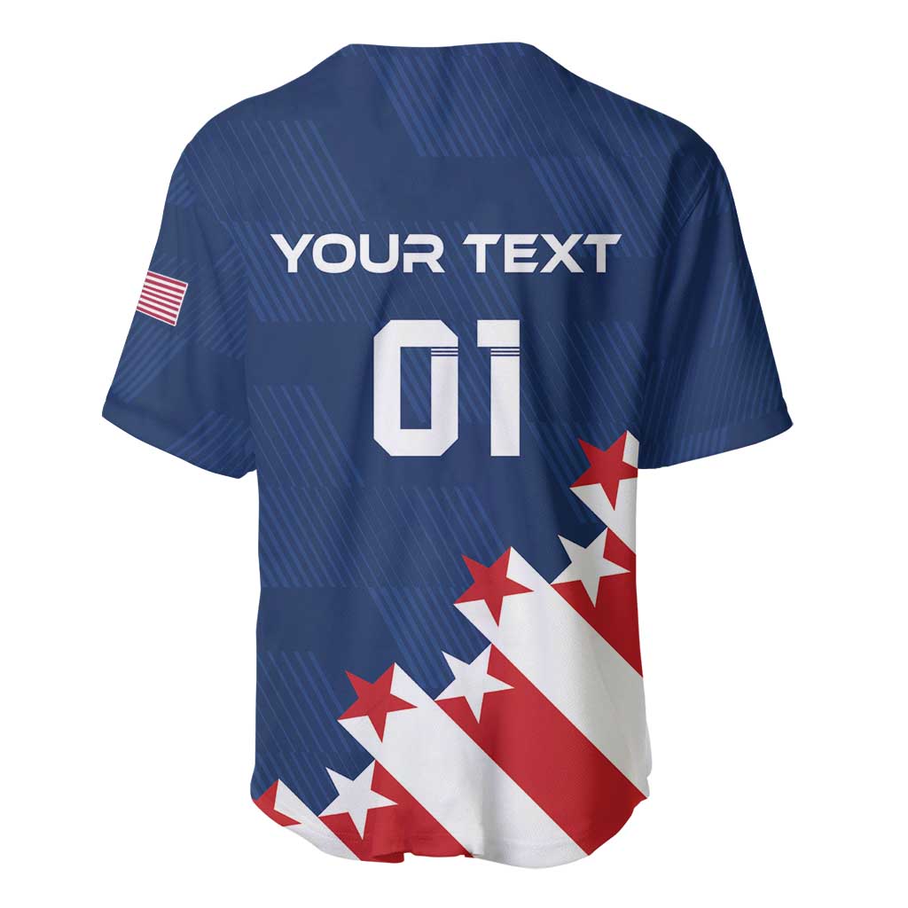 Blue baseball jersey back with YOUR TEXT 01, stars and red-white stripes