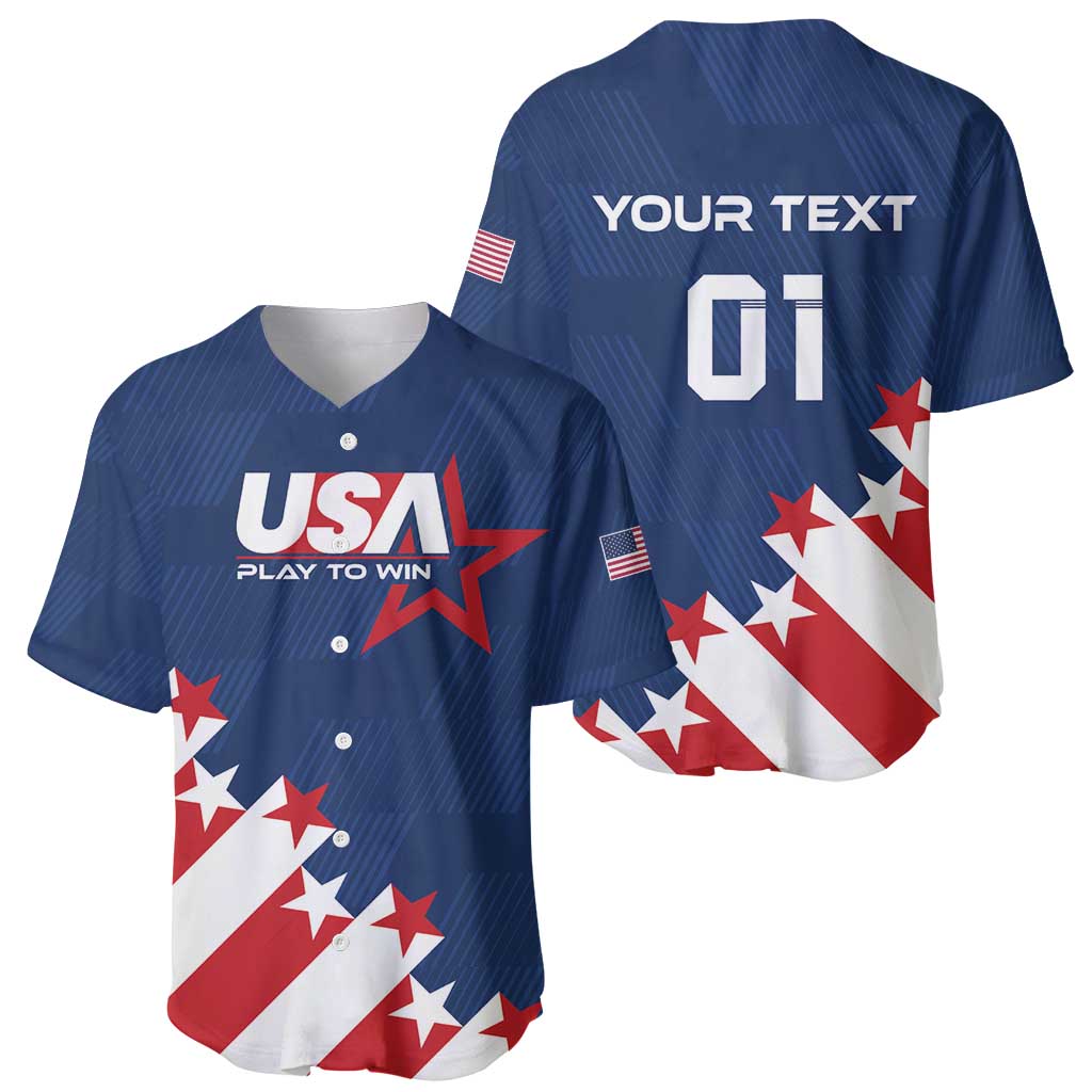 Blue USA baseball jersey front and back, with YOUR TEXT 01 and star-and-stripe design