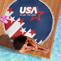Round USA beach blanket with fringe, blue 'USA' logo and star-spangled flag design