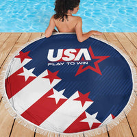 Round USA beach blanket with fringe, 'USA PLAY TO WIN' center logo over star flag