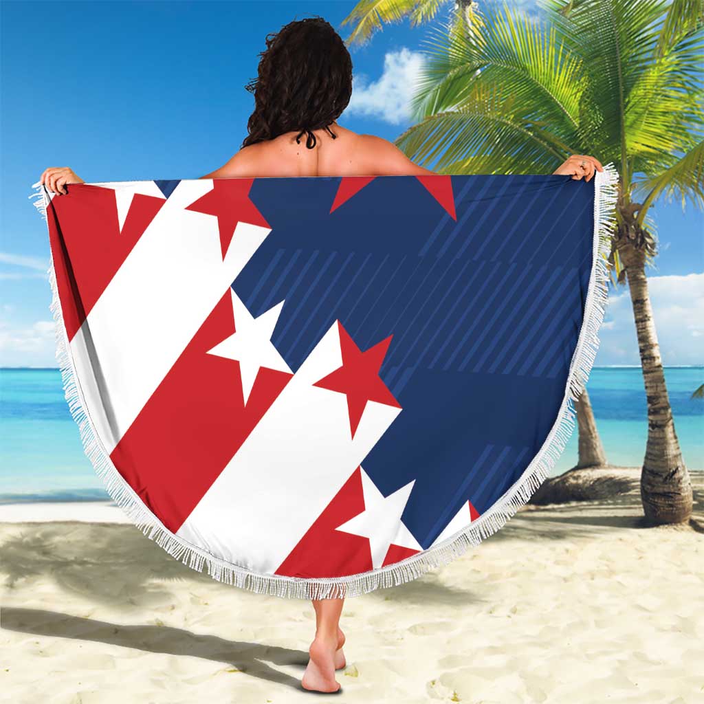 Round USA beach blanket with fringe, red-white-blue star flag with 'USA PLAY TO WIN' print
