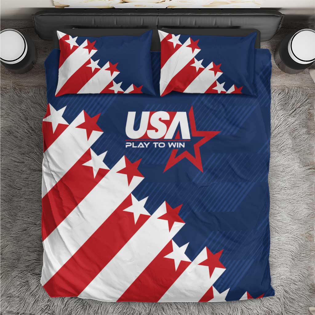 USA themed bedding set with blue top and red-white star stripes, includes two pillow covers