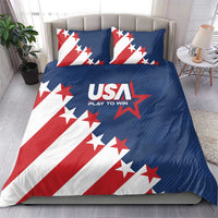 USA themed bedding set: blue comforter with USA Play to Win logo and red-white star stripe design