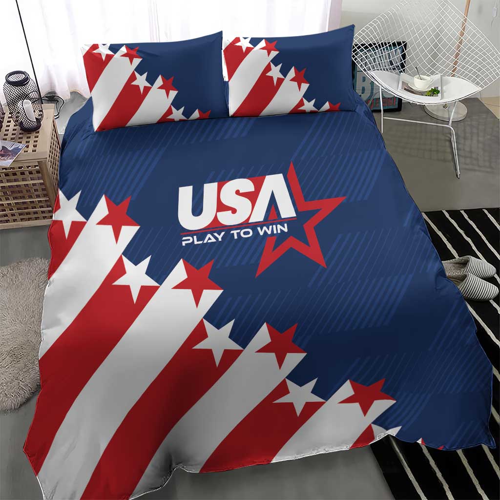 USA themed bedding set: blue bedding with bold red-white star stripes and USA Play to Win logo
