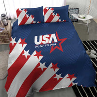 USA themed bedding set: blue bedding with bold red-white star stripes and USA Play to Win logo